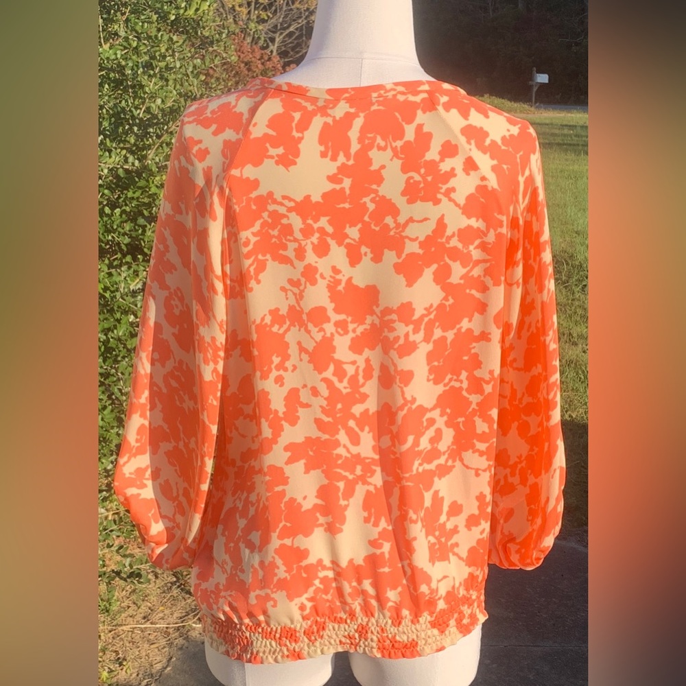 Pippa SHEER 100% Silk Blouse, 4, Billowy, Abstract Floral, Coral, Raglan